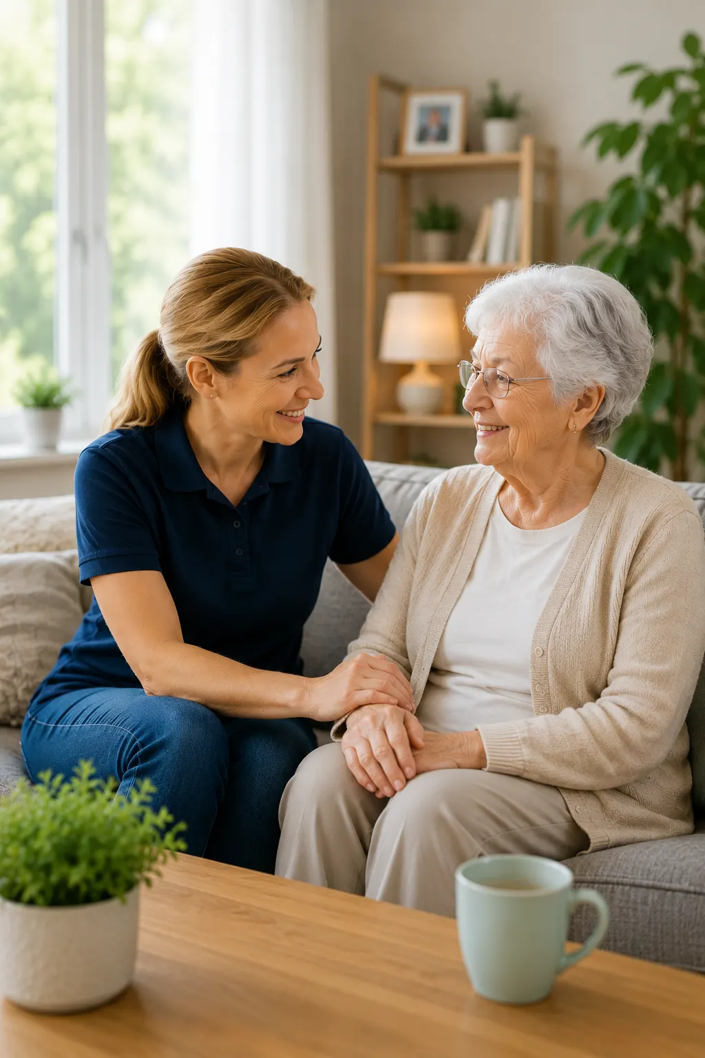 Betreuungskraft hält die Hand einer Seniorin im Wohnzimmer